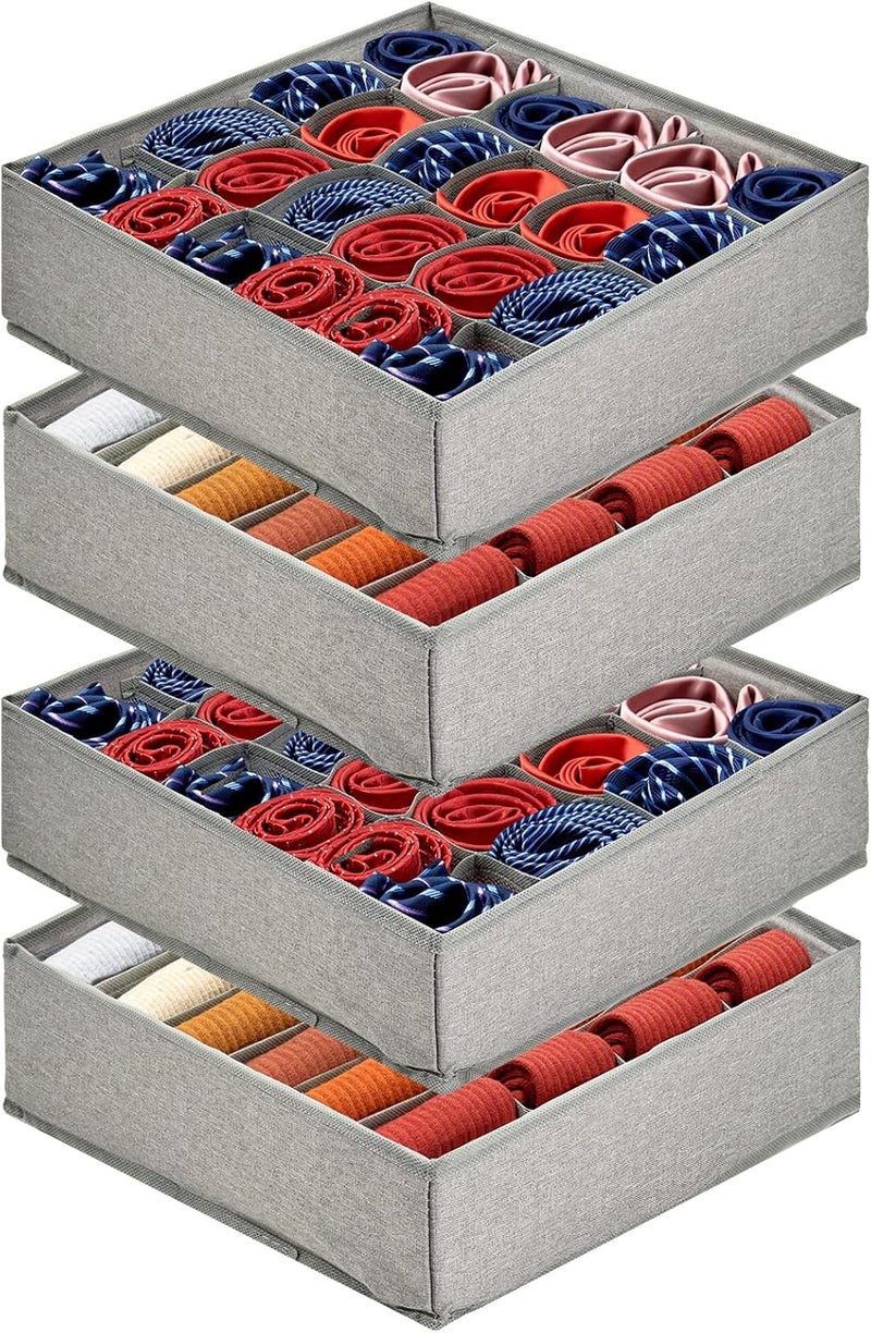 PINGMIC Gray Sock Organizer Divider 4 Pack - 24 Cell Foldable Closet Storage, Tie Organizer For Men Boxes for Socks, Ties, Belts - Image 1